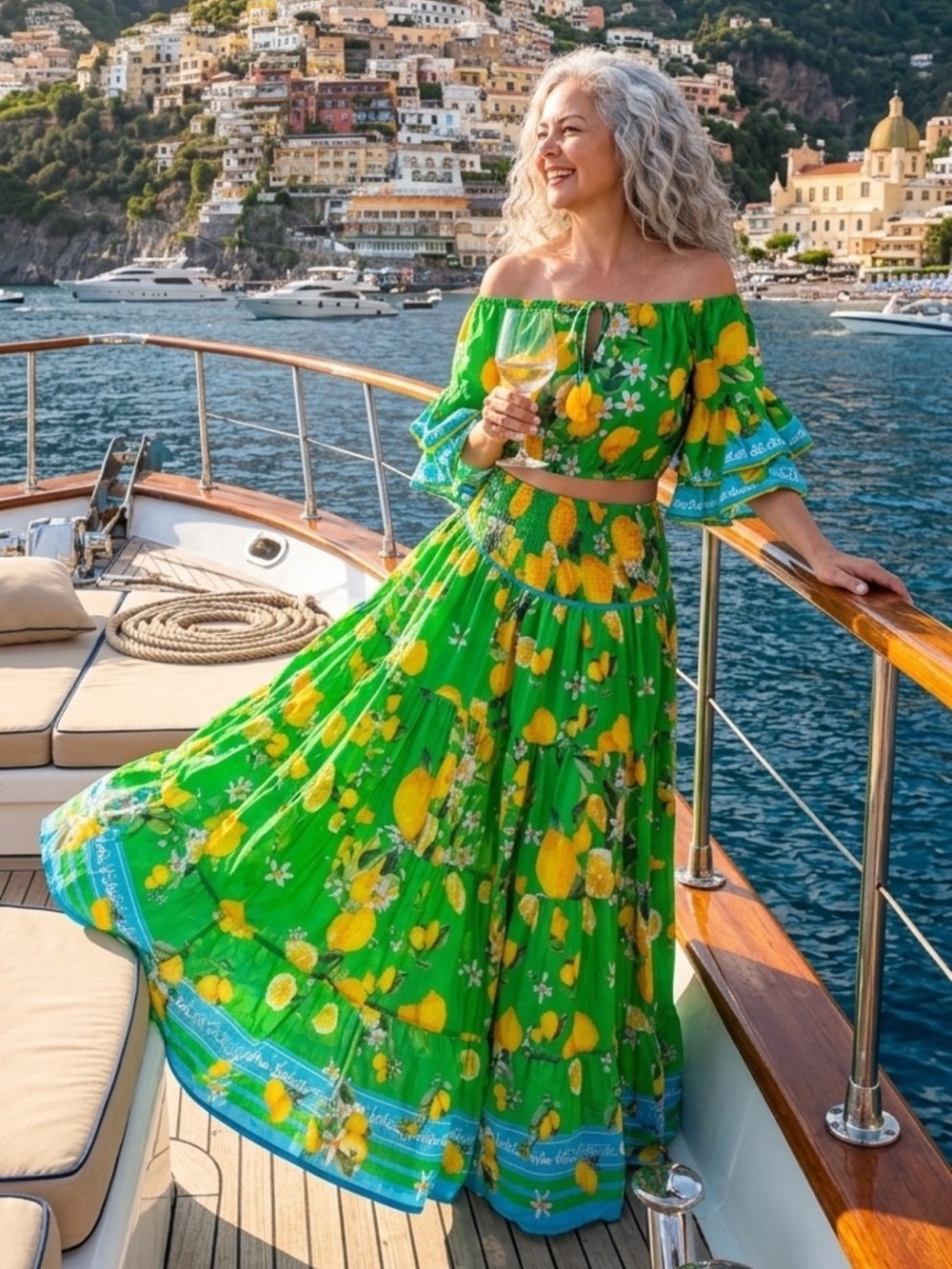 Antica Sartoria 2026 Vibrant Green Lemon Print Off-Shoulder Two-Piece Set O/S